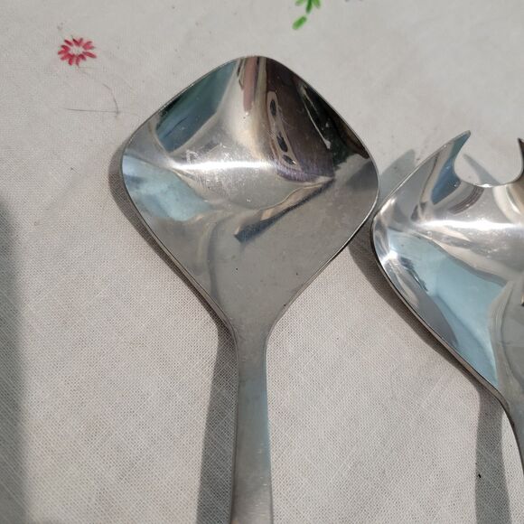 VTG 2pc Pyramid Stainless/Faux Wood Salad Servers 10 3/8" Japan EKCO Canoe Muffi - Picture 7 of 8